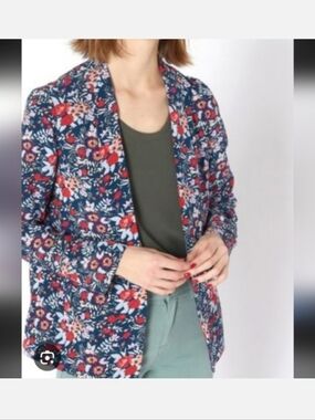 Gerard Darel Paris Floral Print Clasp Front Blue Blazer Top